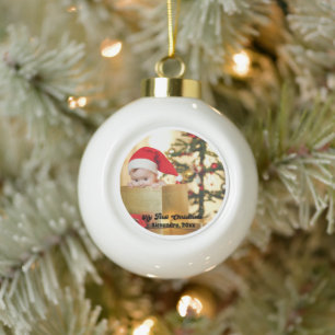 Modern Baby's First Christmas Photo Ceramic Ball Christmas Ornament