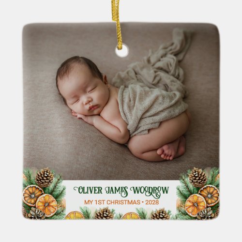 Modern Babys First Christmas Photo Ceramic Ornament