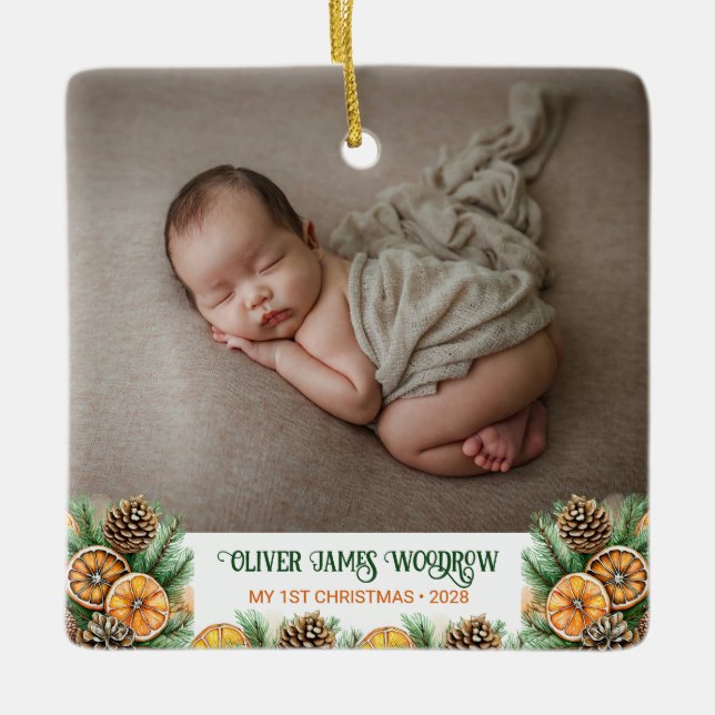 Modern Baby's First Christmas Photo Ceramic Ornament (Front)