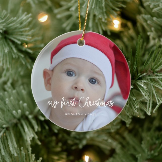 Modern Baby's First Christmas photo Ceramic Ornament (Tree)
