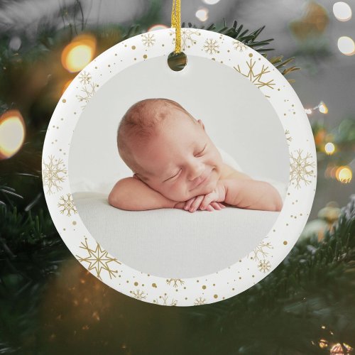 Modern Babys First Christmas Photo Gold Snowflakes Ceramic Ornament
