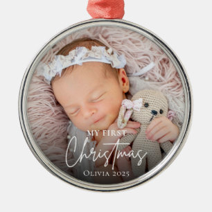 Modern Baby's First Christmas Photo Keepsake Metal Ornament