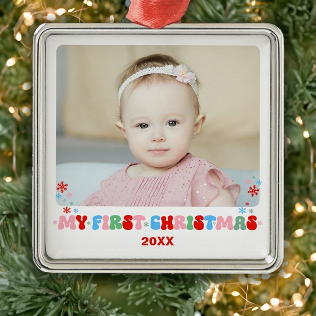 Modern Baby's First Christmas Photo Metal Ornament (Modern Baby's First Christmas Photo Metal Ornament)