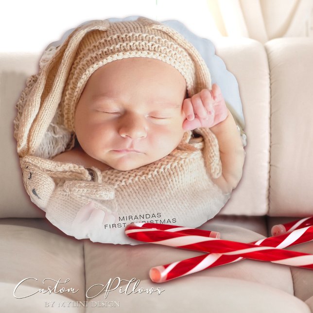 Modern Baby's First Christmas Photo Round Pillow (Creator Uploaded)