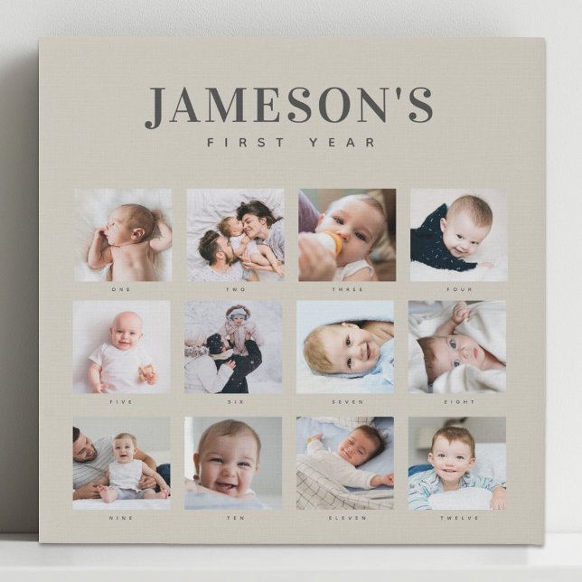 Modern Baby's First Year Keepsake Photo Calendar Faux Canvas Print (Creator Uploaded)