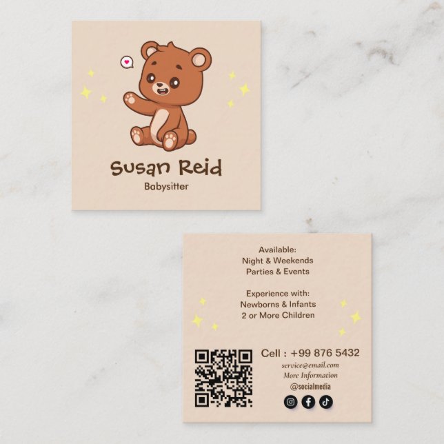 Modern Babysitting Business | Cute Bear  Square Business Card (Front/Back)