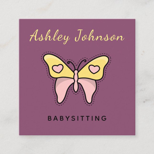 Modern Babysitting Service Butterfly Social Media Square Business Card (Front)