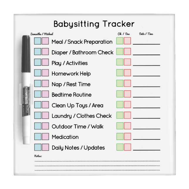 Modern Babysitting Tracker Dry Erase Board (Front)