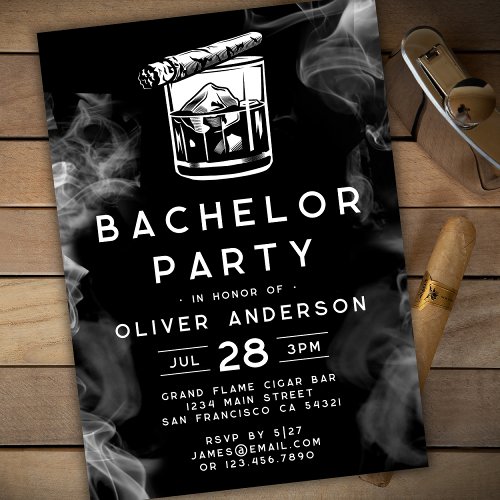 Modern Bachelor Party Cigars and Whiskey Black  Invitation