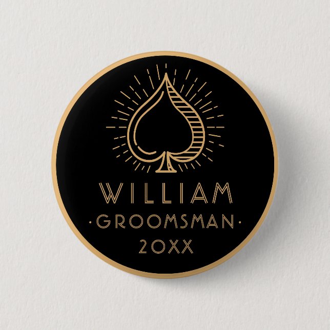 Modern Bachelor Party Groomsman Ace Spade | Black  Button (Front)