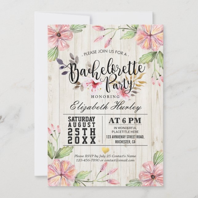 Modern Bachelorette Party Pink Flowers Rustic Wood Invitation (Front)