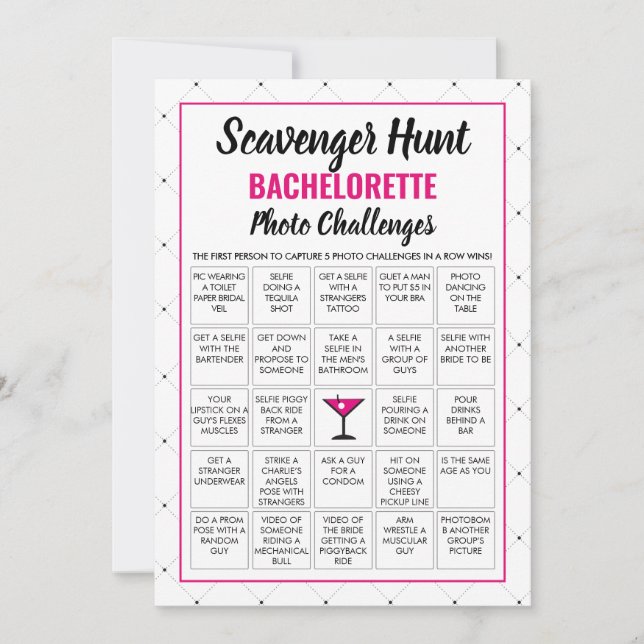 Modern Bachelorette Photo Scavenger Hunt Game Card (Front)