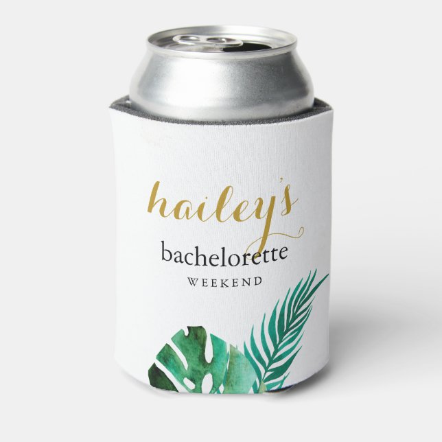 Modern Bachelorette Weekend Palm Leaves with Name  Can Cooler (Can Back)