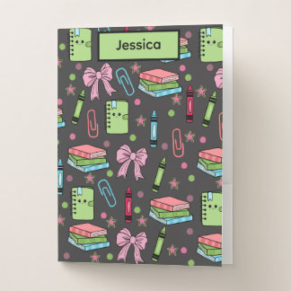 Modern Back To School Coquette Pink Green Pocket Folder