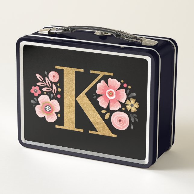 Modern Back To School Monogram Girl Metal Lunch Box (Back)