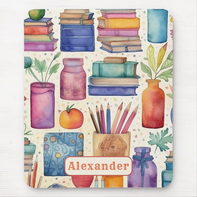 Modern Back to School Supplies Pattern Name Mouse Pad (Front)