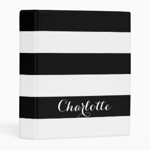 Modern back white trendy stripes custom script mini binder