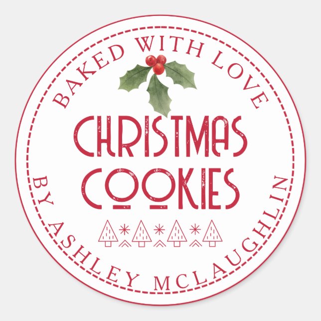 Modern Baked with Love Christmas Red White Classic Round Sticker (Front)