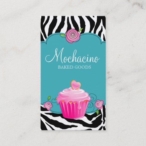 Customizable Modern Bakery Business Card Cupcake Zebra Blue