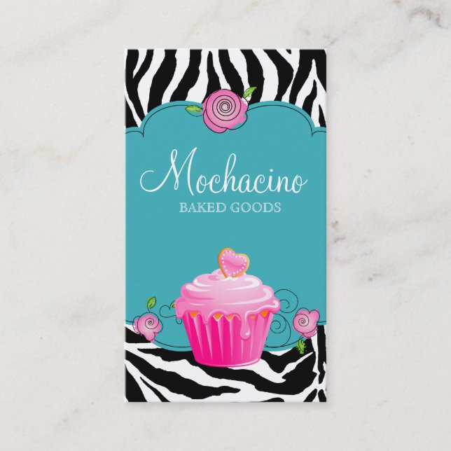 Modern Bakery Business Card Cupcake Zebra Blue (Front)