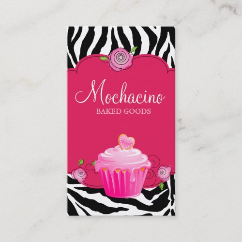Modern Bakery Business Card Cupcake Zebra Pink