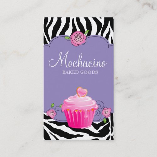 Modern Bakery Business Card Cupcake Zebra Purple