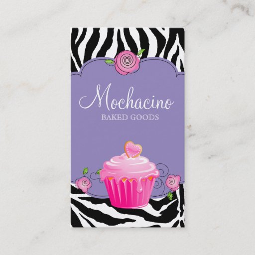 Customizable Modern Bakery Business Card Cupcake Zebra Purple