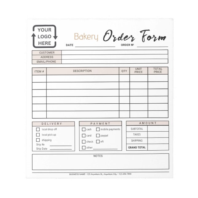Modern Bakery Cafe Beige Order Form Notepad (Front)