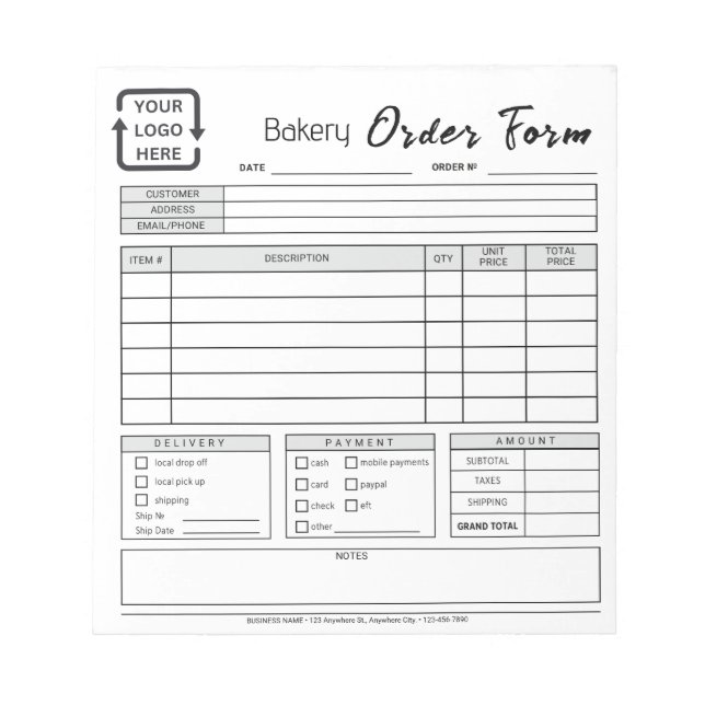 Modern Bakery Cafe Gray Order Form Notepad (Front)