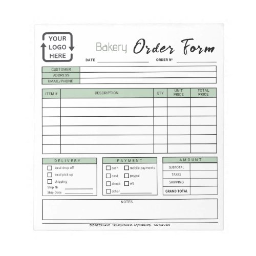 Modern Bakery Cafe Green Order Form Notepad