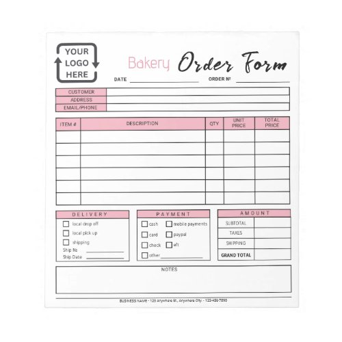 Modern Bakery Cafe Pink Order Form Notepad