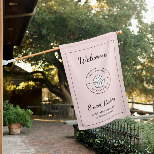 Modern Bakery Custom Logo Pink Welcome House Flag (In SItu)