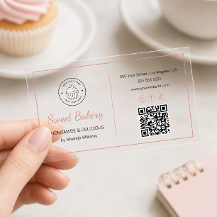 Modern Bakery Logo QR Code Pink Clear Business Cards