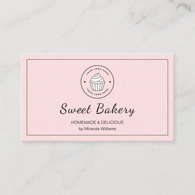 Modern Bakery Logo QR Social Media Icons Pink Business Card
