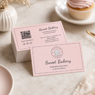 Modern Bakery Logo QR Social Media Icons Pink Business Card