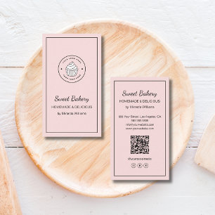 Modern Bakery Logo QR Social Media Icons Pink Business Card