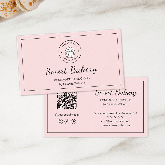 Modern Bakery Logo QR Social Media Icons Pink Business Card (Modern Bakery Logo QR Social Media Icons Pink Business Card)