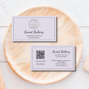 Modern Bakery Logo QR Social Media Lavender Business Card