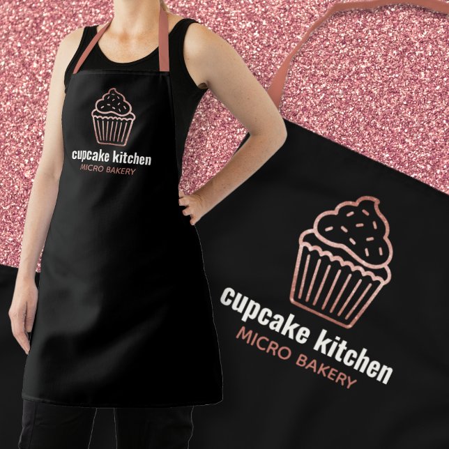 modern bakery name rose gold glitter cupcake staff apron (Creator Uploaded)