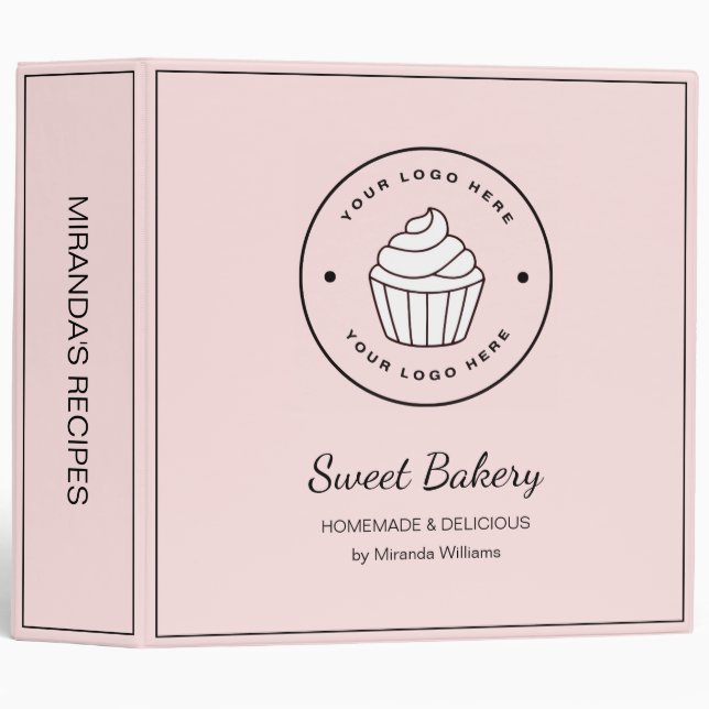Modern Bakery Pink Custom Logo Recipe 3 Ring Binder (Front/Spine)