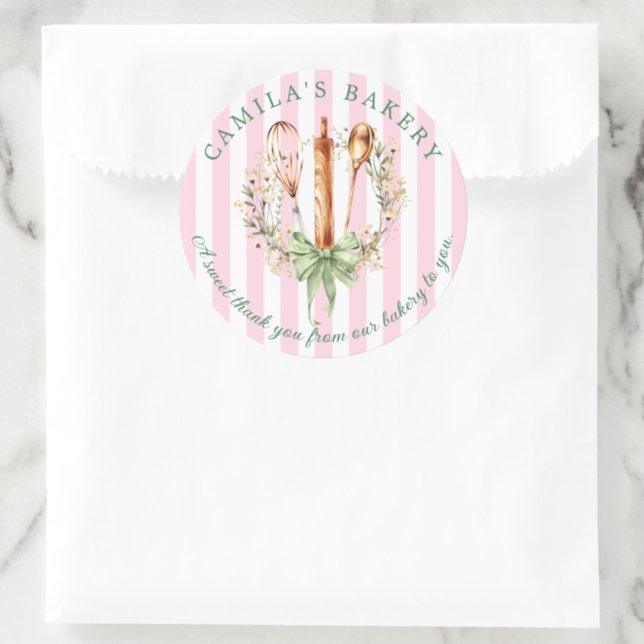 Modern Bakery Utensils Bow Thank you Classic Round Sticker (Favor Bag)