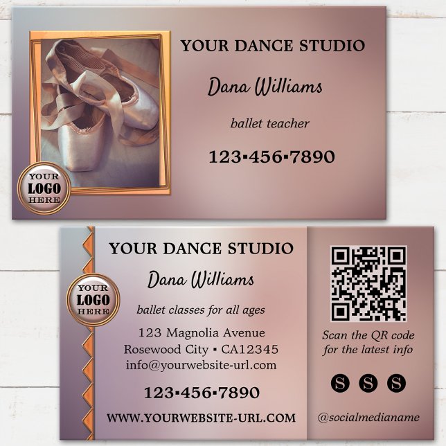 Modern Ballet Dance Studio Business Card (Ballet dance business card featuring pointe shoes on an artistic design - with logo, QR code, media)