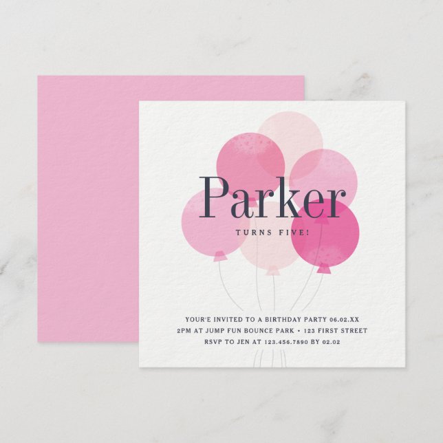 Modern Ballon Bunch Pink Birthday Party Invitation (Front/Back)