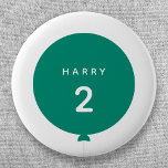 Modern Balloon | Green Birthday Party Kid Name Age Button<br><div class="desc">Simple, stylish and fun birthday badge with your custom "<name>" and "<age>" text in modern typography in crisp white on a simple round balloon design in vibrant green with a straight gray string in a minimalist Scandinavian 'Scandi' style. Add the name and age of a loved one for a truly...</div>