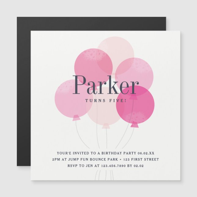 Modern balloon kids pink birthday party invitation (Front/Back)