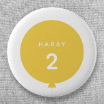Modern Balloon | Yellow Birthday Party Cute Age Button<br><div class="desc">Simple, stylish and fun birthday badge with your custom "<name>" and "<age>" text in modern typography in crisp white on a simple round balloon design in sunshine yellow with a straight gray string in a minimalist Scandinavian 'Scandi' style. Add the name and age of a loved one for a truly...</div>