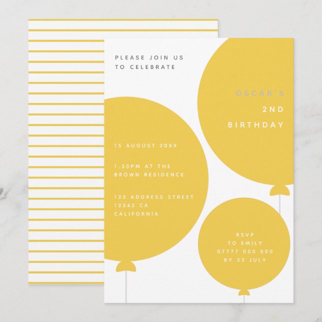Modern Balloon | Yellow Kids Birthday Party Invitation (Front/Back)