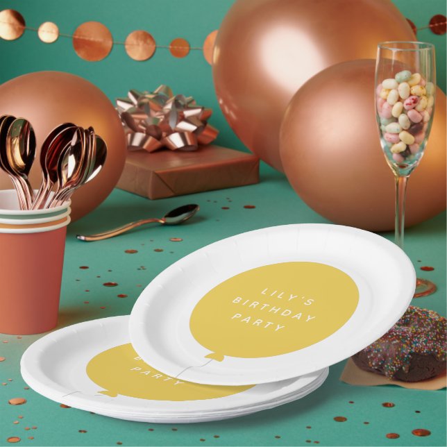 Modern Balloon | Yellow Kids Birthday Party Name Paper Plates (Multi)