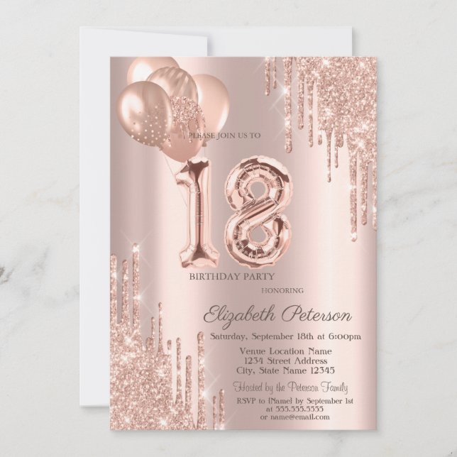 Modern Balloons Glitter Drips Rose Gold  Sweet 16 Invitation (Front)