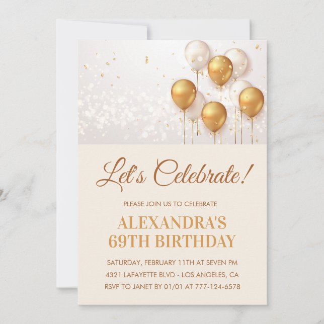 Modern Balloons Gold White 69th birthday  Invitation (Front)